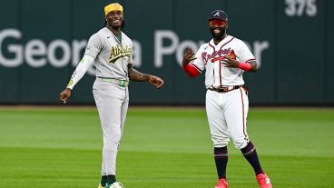 ATLANTA, GA - MARCH 30: Athletics right fielder Lawrence Butler (4) and Atlanta center fielder Michael Harris II (23) warm up prior to the start of the MLB game between the Athletics and the Atlanta Braves on March 30th, 2026 at Truist Park in Atlanta, GA.(Photo by Rich von Biberstein/Icon Sportswire via Getty Images)