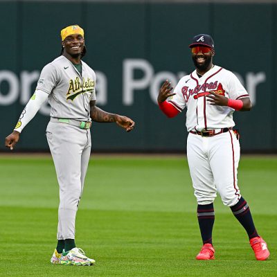 ATLANTA, GA - MARCH 30: Athletics right fielder Lawrence Butler (4) and Atlanta center fielder Michael Harris II (23) warm up prior to the start of the MLB game between the Athletics and the Atlanta Braves on March 30th, 2026 at Truist Park in Atlanta, GA.(Photo by Rich von Biberstein/Icon Sportswire via Getty Images)