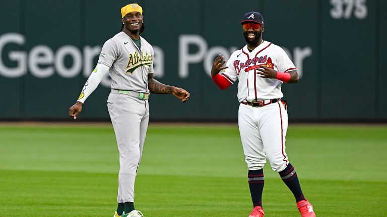 ATLANTA, GA - MARCH 30: Athletics right fielder Lawrence Butler (4) and Atlanta center fielder Michael Harris II (23) warm up prior to the start of the MLB game between the Athletics and the Atlanta Braves on March 30th, 2026 at Truist Park in Atlanta, GA.(Photo by Rich von Biberstein/Icon Sportswire via Getty Images)
