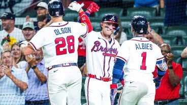 ATLANTA, GA - JULY 06: Matt Olson #28 of the Atlanta Braves celebrates with Mauricio Dubón #14 of the Atlanta Braves after hitting a two-run home run in the ninth inning during the game against the New York Mets at Truist Park on July 6, 2026 in Atlanta, Georgia. (Photo by Jack Casey/Atlanta Braves/Getty Images)