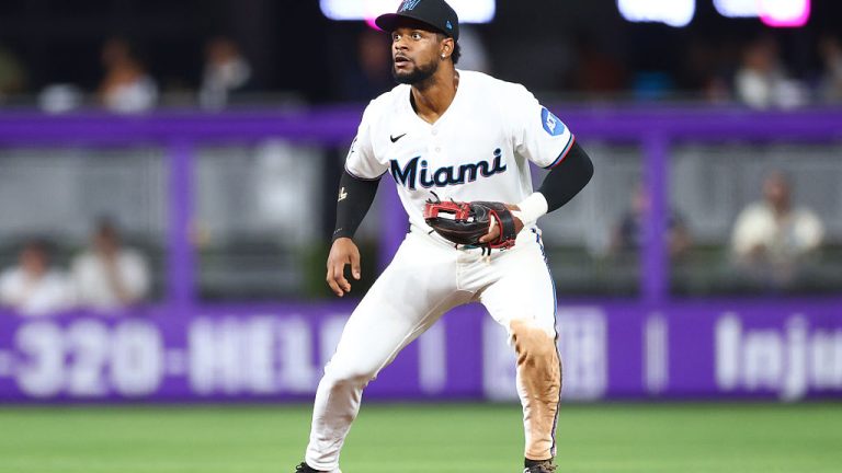 MIAMI, FLORIDA - JULY 09: Otto Lopez #6 of the Miami Marlins in action against the Seattle Mariners in the ninth inning of the game at loanDepot park on July 09, 2026 in Miami, Florida. (Photo by Megan Briggs/Getty Images)