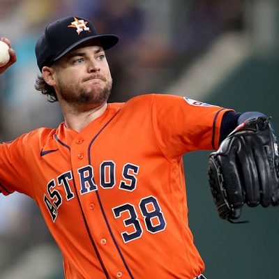 ARLINGTON, TEXAS - JULY 11: Peter Lambert #38 of the Houston Astros throws the ball to first base during the fifth inning against the Texas Rangers at Globe Life Field on July 11, 2026 in Arlington, Texas. (Photo by Tim Heitman/Getty Images)