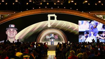 PHILADELPHIA, PA - JULY 11: Commissioner of Major League Baseball Robert D. Manfred announces Derek Curiel as the fifth overall pick by the Pittsburgh Pirates during the 2026 MLB Draft presented by Nippon Express at Pennsylvania Convention Center on Saturday, July 11, 2026 in Philadelphia, Pennsylvania. (Photo by Daniel Shirey/MLB Photos via Getty Images)