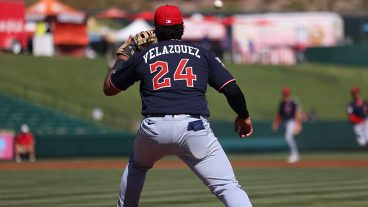 TEMPE, AZ - MARCH 19: Ralphy Velazquez #24 of the Cleveland Guardians makes a catch during the game between the Cleveland Guardians and the Los Angeles Angels at Tempe Diablo Stadium on Thursday, March 19, 2026 in Tempe, Arizona. (Photo by Julia Jacome/MLB Photos via Getty Images)