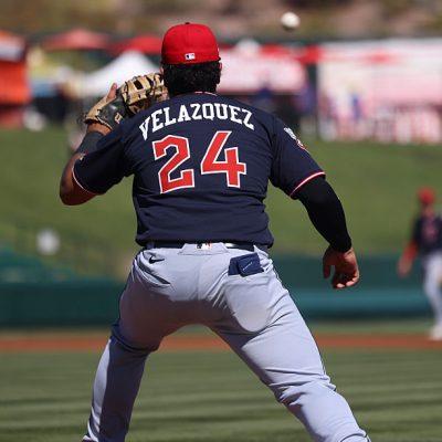 TEMPE, AZ - MARCH 19: Ralphy Velazquez #24 of the Cleveland Guardians makes a catch during the game between the Cleveland Guardians and the Los Angeles Angels at Tempe Diablo Stadium on Thursday, March 19, 2026 in Tempe, Arizona. (Photo by Julia Jacome/MLB Photos via Getty Images)