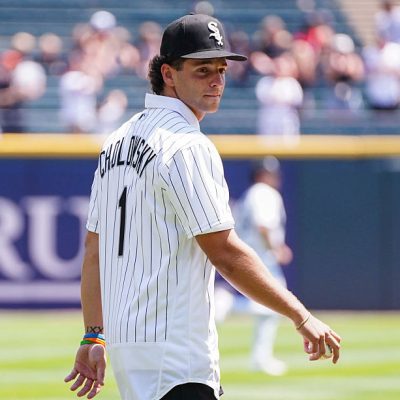 CHICAGO, IL - JULY 12: Roch Cholowsky throws out the ceremonial first pitch prior to the game between the Athletics and the Chicago White Sox at Rate Field on Sunday, July 12, 2026 in Chicago, Illinois. (Photo by Kyle Sheridan/MLB Photos via Getty Images)