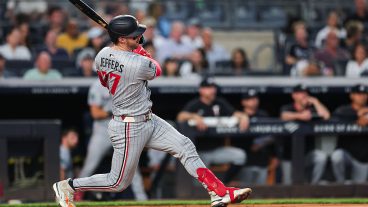 NEW YORK, NEW YORK - AUGUST 11: Ryan Jeffers #27 of the Minnesota Twins at bat during the fourth inning of the game against the New York Yankees at Yankee Stadium on August 11, 2025 in New York City. (Photo by Dustin Satloff/Getty Images)