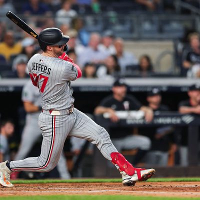 NEW YORK, NEW YORK - AUGUST 11: Ryan Jeffers #27 of the Minnesota Twins at bat during the fourth inning of the game against the New York Yankees at Yankee Stadium on August 11, 2025 in New York City. (Photo by Dustin Satloff/Getty Images)