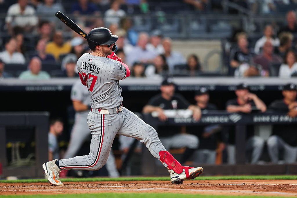 NEW YORK, NEW YORK - AUGUST 11: Ryan Jeffers #27 of the Minnesota Twins at bat during the fourth inning of the game against the New York Yankees at Yankee Stadium on August 11, 2025 in New York City. (Photo by Dustin Satloff/Getty Images)