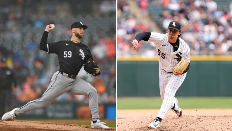 DETROIT, MICHIGAN - SEPTEMBER 28, 2024: Sean Burke #59 of the Chicago White Sox throws a pitch during the third inning against the Detroit Tigers at Comerica Park on September 28, 2024 in Detroit, Michigan. (Photo by George Kubas/Diamond Images via Getty Images) / CHICAGO, IL - MAY 10: Davis Martin #65 of the Chicago White Sox pitches during the game between the Seattle Mariners and the Chicago White Sox at Rate Field on Sunday, May 10, 2026 in Chicago, Illinois. (Photo by Lawrence Brown/MLB Photos via Getty Images)