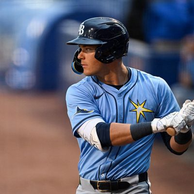 PORT ST. LUCIE, FLORIDA - MARCH 19, 2026: Theo Gillen #24 of the Tampa Bay Rays prepares to bat during the first inning of a spring training Spring Breakout game against the New York Mets at Clover Park on March 19, 2026 in Port St. Lucie, Florida. (Photo by Nick Cammett/Diamond Images via Getty Images)