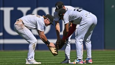 CHICAGO, IL - MAY 28: Chicago White Sox left fielder Sam Antonacci (17), center fielder Tristan Peters (29) and right fielder Derek Hill (25) celebrate their victory over the Minnesota Twins after an MLB game on May 28, 2026, at Rate Field in Chicago, IL. (Photo by Patrick Gorski/Icon Sportswire via Getty Images)