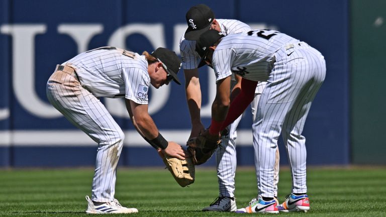 CHICAGO, IL - MAY 28: Chicago White Sox left fielder Sam Antonacci (17), center fielder Tristan Peters (29) and right fielder Derek Hill (25) celebrate their victory over the Minnesota Twins after an MLB game on May 28, 2026, at Rate Field in Chicago, IL. (Photo by Patrick Gorski/Icon Sportswire via Getty Images)