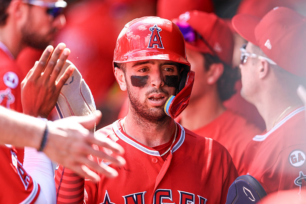 MINNEAPOLIS, MINNESOTA - JULY 11: Zach Neto #9 celebrates scoring on a RBI single hit by Nolan Schanuel #18 of the Los Angeles Angels (not pictured) against the Minnesota Twins in the seventh inning during the game at Target Field on July 11, 2026 in Minneapolis, Minnesota. The Twins defeated the Angels 5-3. (Photo by Steven Garcia/Getty Images)