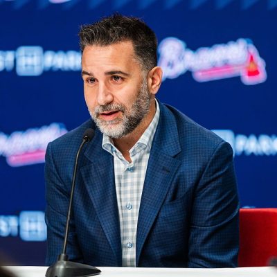 ATLANTA, GA - NOVEMBER 04: Alex Anthopoulos introduces Walt Weiss as the manager of the Atlanta Braves during a press conference at Truist Park on November 4, 2025 in Atlanta, Georgia. (Photo by Matthew Grimes Jr./Atlanta Braves/Getty Images)