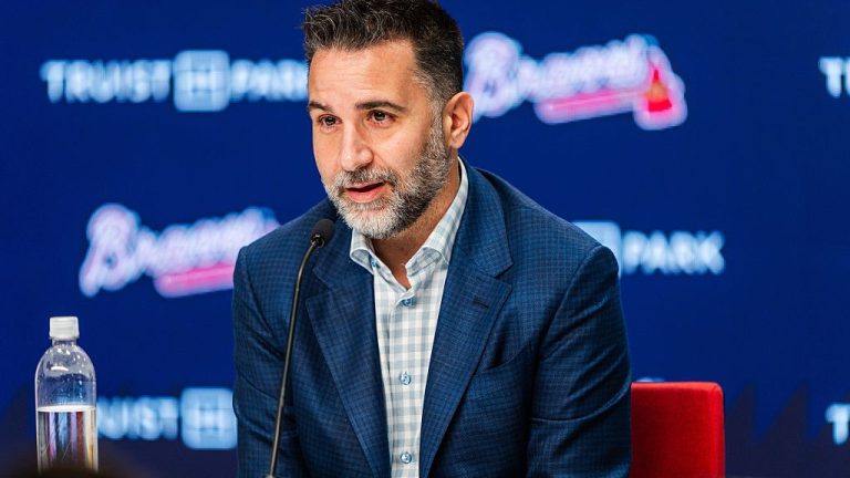 ATLANTA, GA - NOVEMBER 04: Alex Anthopoulos introduces Walt Weiss as the manager of the Atlanta Braves during a press conference at Truist Park on November 4, 2025 in Atlanta, Georgia. (Photo by Matthew Grimes Jr./Atlanta Braves/Getty Images)