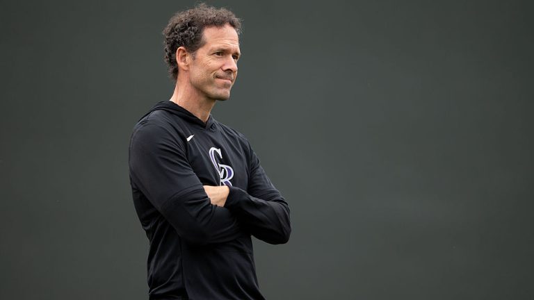 SCOTTSDALE, ARIZONA - FEBRUARY 13: Colorado Rockies President of Baseball Operations Paul DePodesta looks on as pitchers participate in the second day of spring training workouts at Salt River Fields at Talking Stick on February 13, 2026 in Scottsdale, Arizona. (Photo by Kyle Cooper/Colorado Rockies/Getty Images)