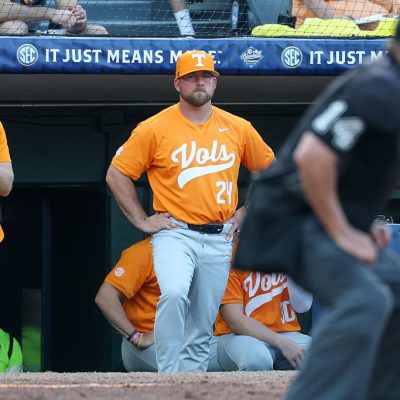 HOOVER, AL - MAY 20: Head coach Josh Elander of the Tennessee Volunteers watches play during the SEC Baseball Tournament second round game between Tennessee Volunteers and Arkansas Razorbacks on May 20, 2026, at Hoover Metropolitan Stadium in Hoover, Alabama.(Photo by David Buono/Icon Sportswire via Getty Images)