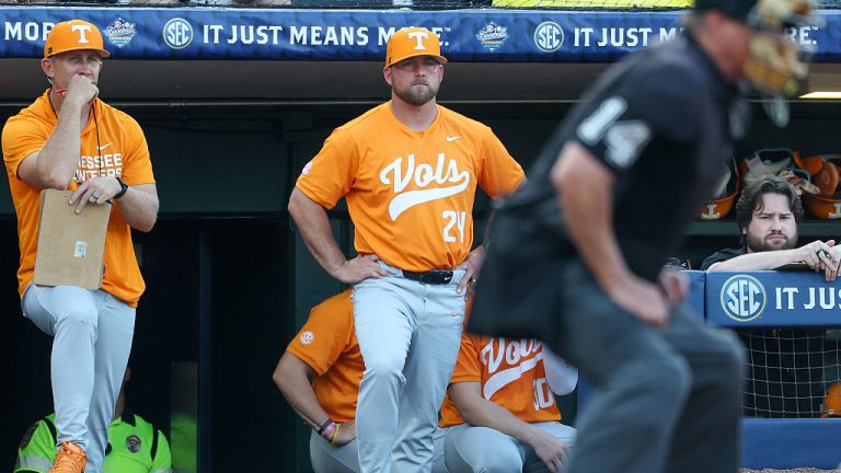 HOOVER, AL - MAY 20: Head coach Josh Elander of the Tennessee Volunteers watches play during the SEC Baseball Tournament second round game between Tennessee Volunteers and Arkansas Razorbacks on May 20, 2026, at Hoover Metropolitan Stadium in Hoover, Alabama.(Photo by David Buono/Icon Sportswire via Getty Images)