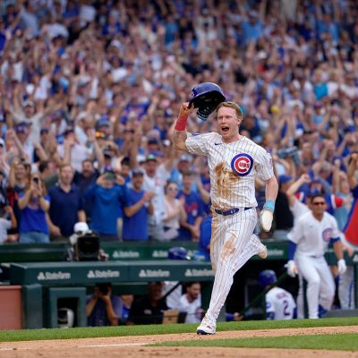 CHICAGO, ILLINOIS - AUGUST 6: Pete Crow-Armstrong #4 of the Chicago Cubs celebrates as he scores the game-winning run against the Toronto Blue Jays at Wrigley Field on August 6, 2026 in Chicago, Illinois. (Photo by Matt Dirksen/Chicago Cubs/Getty Images)