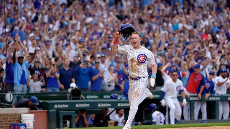 CHICAGO, ILLINOIS - AUGUST 6: Pete Crow-Armstrong #4 of the Chicago Cubs celebrates as he scores the game-winning run against the Toronto Blue Jays at Wrigley Field on August 6, 2026 in Chicago, Illinois. (Photo by Matt Dirksen/Chicago Cubs/Getty Images)