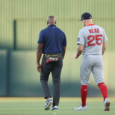 SACRAMENTO, CALIFORNIA - JULY 27: Curtis Mead #25 of the Boston Red Sox walks to the locker room after being hit by a pitch against the Athletics at Sutter Health Park on July 27, 2026 in Sacramento, California. (Photo by Lachlan Cunningham/Getty Images)