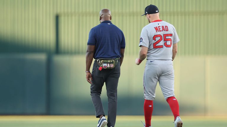 SACRAMENTO, CALIFORNIA - JULY 27: Curtis Mead #25 of the Boston Red Sox walks to the locker room after being hit by a pitch against the Athletics at Sutter Health Park on July 27, 2026 in Sacramento, California. (Photo by Lachlan Cunningham/Getty Images)