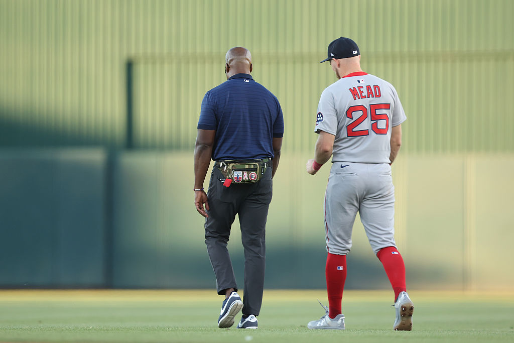 SACRAMENTO, CALIFORNIA - JULY 27: Curtis Mead #25 of the Boston Red Sox walks to the locker room after being hit by a pitch against the Athletics at Sutter Health Park on July 27, 2026 in Sacramento, California. (Photo by Lachlan Cunningham/Getty Images)