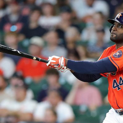 HOUSTON, TEXAS - AUGUST 16: Yordan Alvarez #44 of the Houston Astros watches the ball after batting during the first inning against the Seattle Mariners at Daikin Park on August 16, 2026 in Houston, Texas. (Photo by Alex Slitz/Getty Images)