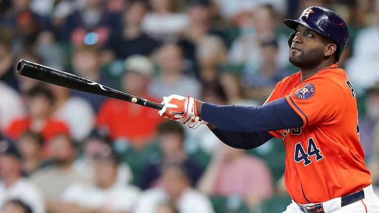 HOUSTON, TEXAS - AUGUST 16: Yordan Alvarez #44 of the Houston Astros watches the ball after batting during the first inning against the Seattle Mariners at Daikin Park on August 16, 2026 in Houston, Texas. (Photo by Alex Slitz/Getty Images)
