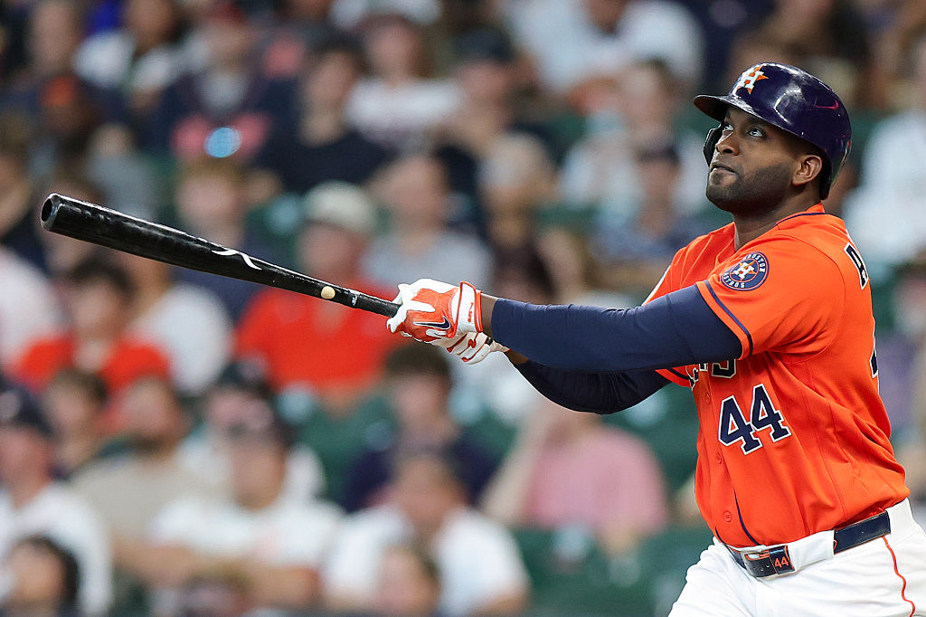 HOUSTON, TEXAS - AUGUST 16: Yordan Alvarez #44 of the Houston Astros watches the ball after batting during the first inning against the Seattle Mariners at Daikin Park on August 16, 2026 in Houston, Texas. (Photo by Alex Slitz/Getty Images)