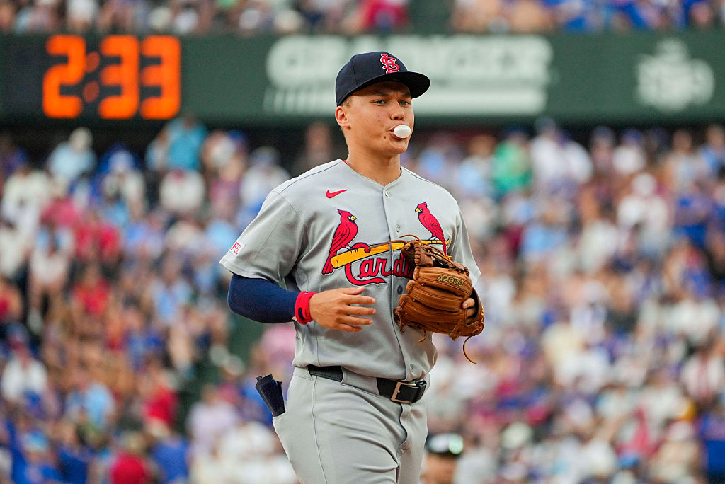 CHICAGO, IL - AUGUST 14: JJ Wetherholt #26 of the St. Louis Cardinals looks on during the game between the St. Louis Cardinals and the Chicago Cubs at Wrigley Field on Friday, August 14, 2026 in Chicago, Illinois. (Photo by George Gaza/MLB Photos via Getty Images)