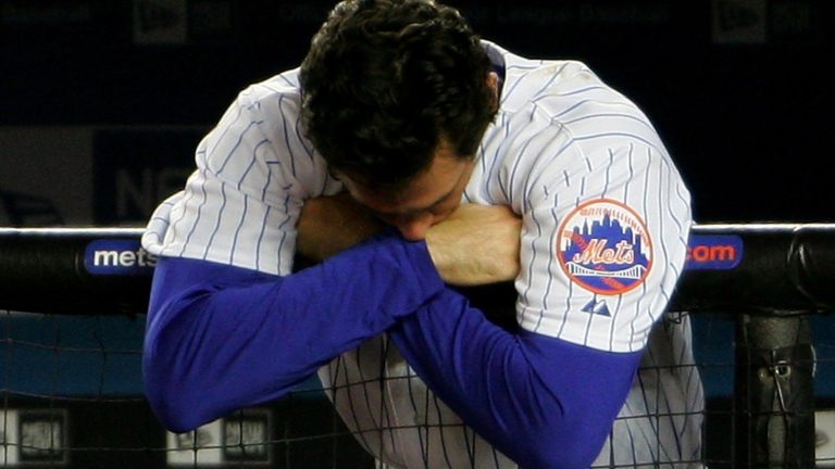 NEW YORK - SEPTEMBER 28: Shawn Green #20 of the New York Mets reacts to a strike out in the bottom of the nineth inning against the Florida Marlins during the MLB game at Shea Stadium on September 28, 2007 in the Flushing neighborhood of the Queens borough of New York City. The Marlins won the game 7-4. (Photo by Chris McGrath/Getty Images)