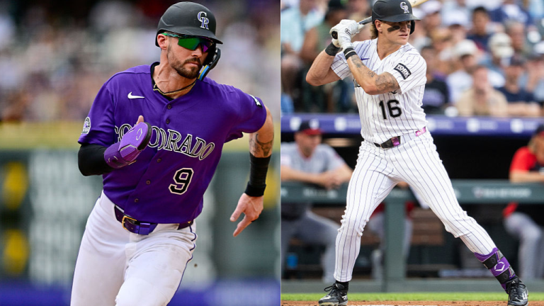 DENVER, COLORADO - JULY 21: Cole Carrigg #16 of the Colorado Rockies stands in the batters box during a game against the Washington Nationals at Coors Field on July 21, 2026 in Denver, Colorado. (Photo by Kyle Cooper/Colorado Rockies/Getty Images); DENVER, CO - May 16: Colorado Rockies center fielder Brenton Doyle (9) advances to third base in the eighth inning during a game between the Arizona Diamondbacks and the Colorado Rockies at Coors Field on May 16, 2026 in Denver, Colorado. (Photo by Dustin Bradford/Icon Sportswire via Getty Images)