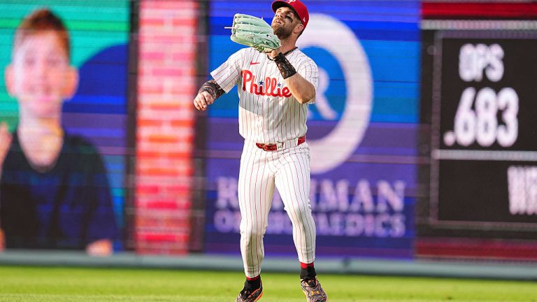 PHILADELPHIA, PENNSYLVANIA - AUGUST 4: Bryce Harper #3 of the Philadelphia Phillies in action in right field against the Washington Nationals at Citizens Bank Park on August 4, 2026 in Philadelphia, Pennsylvania. The Phillies defeated the Nationals 5-0. (Photo by Mitchell Leff/Getty Images)