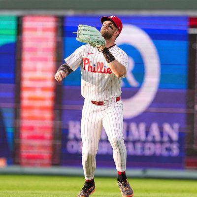 PHILADELPHIA, PENNSYLVANIA - AUGUST 4: Bryce Harper #3 of the Philadelphia Phillies in action in right field against the Washington Nationals at Citizens Bank Park on August 4, 2026 in Philadelphia, Pennsylvania. The Phillies defeated the Nationals 5-0. (Photo by Mitchell Leff/Getty Images)