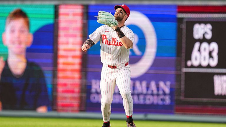 PHILADELPHIA, PENNSYLVANIA - AUGUST 4: Bryce Harper #3 of the Philadelphia Phillies in action in right field against the Washington Nationals at Citizens Bank Park on August 4, 2026 in Philadelphia, Pennsylvania. The Phillies defeated the Nationals 5-0. (Photo by Mitchell Leff/Getty Images)