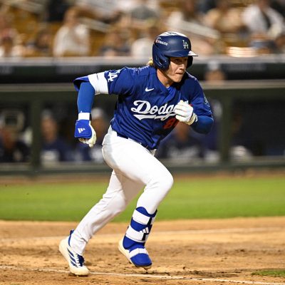 GLENDALE, ARIZONA - MARCH 20, 2026: Charles Davalan #88 of the Los Angeles Dodgers runs out a foul ball during the sixth inning of a spring training game against the San Diego Padres at Camelback Ranch on March 20, 2026 in Glendale, Arizona. (Photo by Chris Bernacchi/Diamond Images via Getty Images)