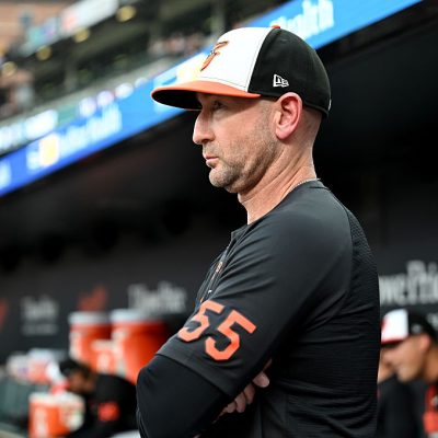 BALTIMORE, MARYLAND - JUNE 09: Manager Craig Albernaz #55 of the Baltimore Orioles watches the game in the second inning against the Seattle Mariners at Oriole Park at Camden Yards on June 09, 2026 in Baltimore, Maryland. (Photo by Greg Fiume/Getty Images)
