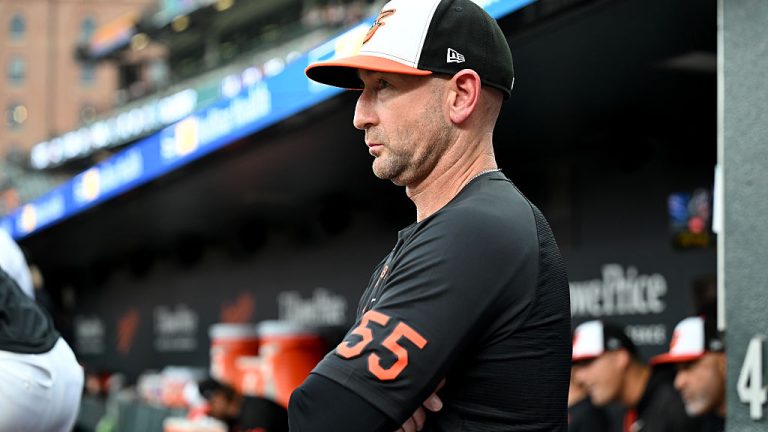 BALTIMORE, MARYLAND - JUNE 09: Manager Craig Albernaz #55 of the Baltimore Orioles watches the game in the second inning against the Seattle Mariners at Oriole Park at Camden Yards on June 09, 2026 in Baltimore, Maryland. (Photo by Greg Fiume/Getty Images)