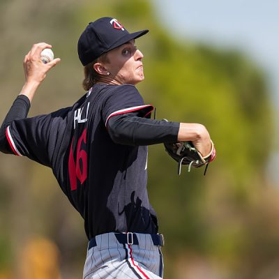 FORT MYERS, FL- MARCH 06: Dasan Hill #16 of the Minnesota Twins pitches during a minor league workout on March 6, 2026 at Hammond Stadium in Fort Myers, Florida. (Photo by Brace Hemmelgarn/Minnesota Twins/Getty Images)