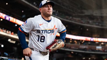 HOUSTON, TEXAS - AUGUST 03: Daulton Varsho #18 of the Houston Astros runs onto the field before the game against the Toronto Blue Jays at Daikin Park on August 03, 2026 in Houston, Texas. (Photo by Houston Astros/Getty Images)