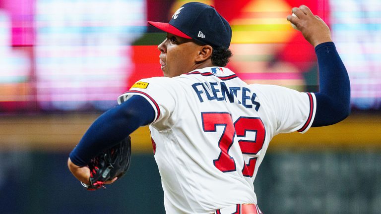 ATLANTA, GA - AUGUST 5: Didier Fuentes #72 of the Atlanta Braves pitches in the ninth inning during the game against the Miami Marlins at Truist Park on August 5, 2026 in Atlanta, Georgia. (Photo by Matthew Grimes Jr./Atlanta Braves/Getty Images)