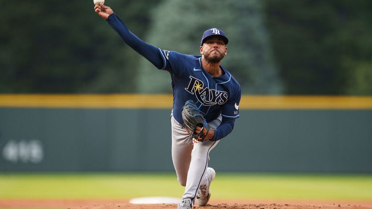DENVER, CO - AUGUST 4: Tampa Bay Rays pitcher Freddy Peralta pitches during a game against the Colorado Rockies at Coors Field on August 4, 2026 in Denver, Colorado. (Photo by Gavin Liddell/Colorado Rockies/Getty Images)