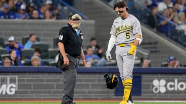 TORONTO, ON - MARCH 27: Jacob Wilson #5 of the Athletics reacts to striking out in the ninth inning during the game between the Athletics and the Toronto Blue Jays at Rogers Centre on Friday, March 27, 2026 in Toronto, Ontario, Canada. (Photo by Thomas Skrlj/MLB Photos via Getty Images)