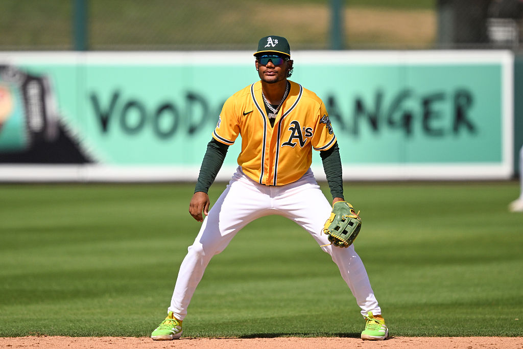 MESA, ARIZONA - MARCH 22, 2026: Leo De Vries #14 of the Athletics in the field during the fifth inning of a spring training Spring Breakout game against the Milwaukee Brewers at Hohokam Stadium on March 22, 2026 in Mesa, Arizona. (Photo by Chris Bernacchi/Diamond Images via Getty Images)
