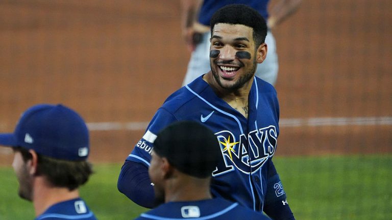 SACRAMENTO, CA - AUGUST 11: Victor Mesa Jr. #25 of the Tampa Bay Rays celebrates during the game between the Tampa Bay Rays and the Athletics at Sutter Health Park on Tuesday, August 11, 2026 in Sacramento, California. (Photo by Jacob Soriano/MLB Photos via Getty Images)