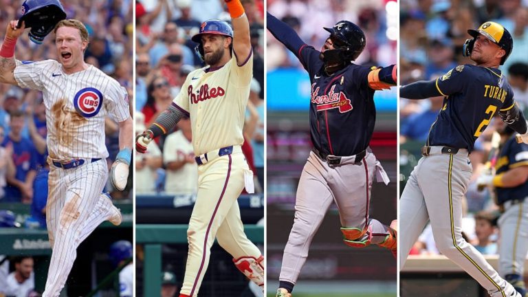 Pete Crow-Armstrong, Bryce Harper, Ronald Acuña Jr, and Brice Turang of the Cubs Phillies, Braves, and Brewers.