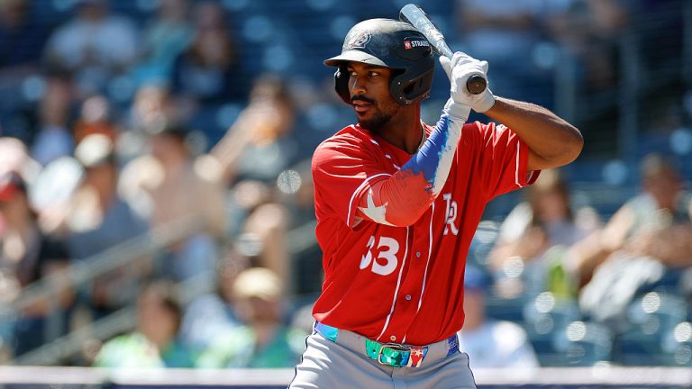 TULSA, OKLAHOMA - APRIL 19: Lazaro Montes #33 of the Arkansas Travelers waits for a pitch during a game against the Tulsa Drillers at ONEOK Field on April 19, 2026 in Tulsa, Oklahoma. (Photo by Brandon Sloter/Getty Images)