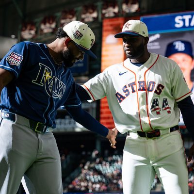 HOUSTON, TEXAS - JULY 04: Yordan Alvarez #44 of the Houston Astros speaks with Junior Caminero #13 of the Tampa Bay Rays before the game at Daikin Park on July 04, 2026 in Houston, Texas. (Photo by Houston Astros/Getty Images)